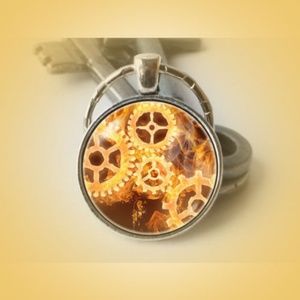 “Fire Gear Works” Cabochon Pendant Keychain in Sil